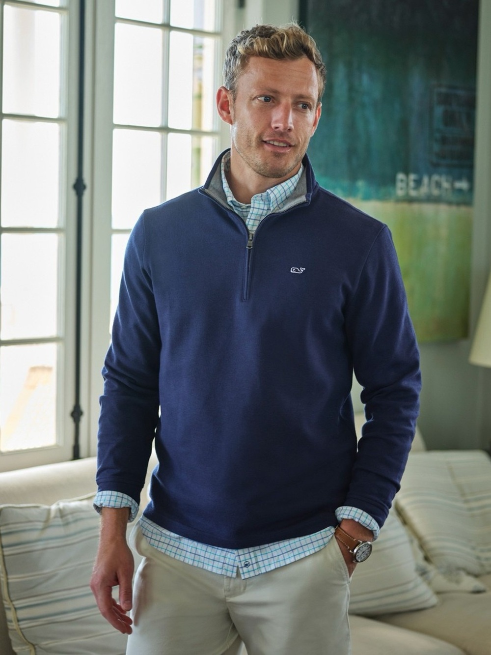Vineyard Vines Men’s Jersey Cotton 1/4 Zip Pullover Sweater Navy Blue XL Coastal